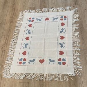 Handmade 48x35 Fringed Blanket or tablecloth with Heart and Rocking Horse Design